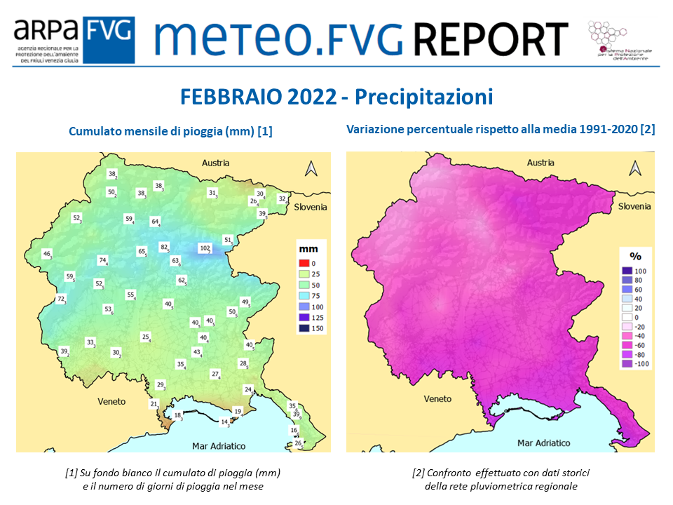 slide con banner del report meteo.fvg e mappe delle precipitazioni di febbraio 2022 in FVG (cumulati mensili e variazione percentuale rispetto alla media 1991-2020)