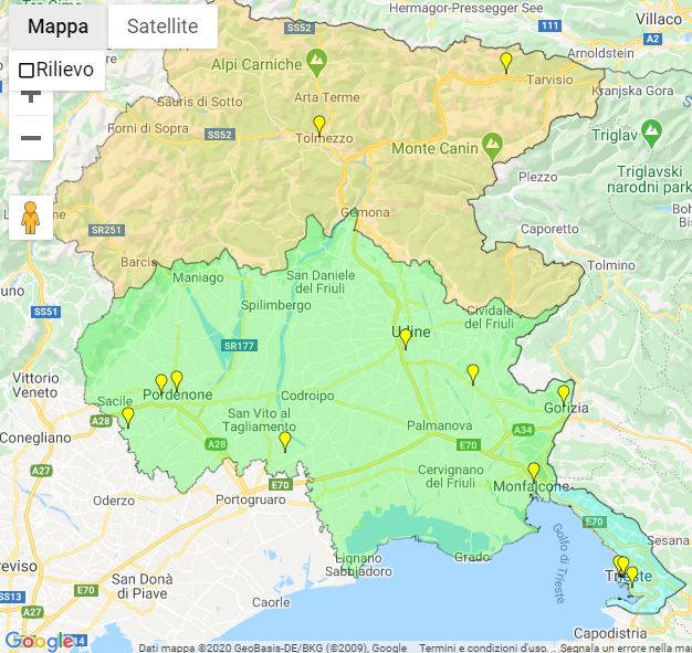Mappa con i superamenti dei livelli giornalieri di PM10 in Friuli Venezia Giulia nella giornata del 28 marzo 2020. Rete Arpa FVG