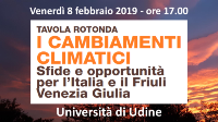 slide con titolo dell'incontro "I cambiamenti climatici: sfide e opportunità per l’Italia e il Friuli Venezia Giulia"