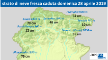 mappa dell’area montana del FVG con alcuni dati di neve fresca caduta dal 28/4/19 mattina al 29/4/19