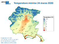 Mappa delle temperature minime a 2 metri dal suolo misurate dalla rete meteorologica regionale nella mattina del 24/3/2020