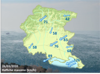 mappa delle raffiche di vento massime registrate in FVG il 26 marzo 2020, su sfondo del Golfo di Trieste spazzato dalla Bora