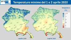 mappe delle temperature minime registrate in FVG nei giorni 1 e 2 aprile 2020