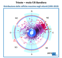 grafico a cerchi concentrici che rappresenta la distribuzione negli ottanti delle raffiche massime giornaliere registrate nel periodo 1995-2019 a Trieste – molo fratelli Bandiera