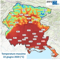 mappa delle temperature massime registrate il 22 giugno 2020 in Friuli Venezia Giulia