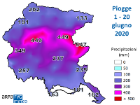 mappa delle piogge cumulate 1-20 giugno 2020 in Friuli Venezia Giulia