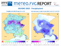 slide con banner del report meteo.fvg e mappe delle precipitazioni di giugno 2020 in FVG (cumulati mensili e variazione percentuale rispetto alla media 1961-2010)