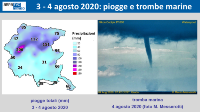 slide: mappa piogge totali (mm) FVG 3-4 agosto 2020 e foto tromba marina 4 agosto (M.Messerotti)