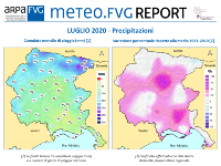 slide con banner del report meteo.fvg e mappe delle precipitazioni di luglio 2020 in FVG (cumulati mensili e variazione percentuale rispetto alla media 1961-2010)