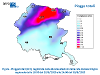 Fig 2a - Piogge totali (mm) registrate nelle diverse stazioni della rete meteorologica regionale dalle 18:00 del 28/8/2020 alle 24:00 del 30/8/2020