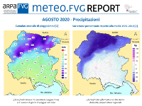 slide con banner del report meteo.fvg e mappe delle precipitazioni di agosto 2020 in FVG (cumulati mensili e variazione percentuale rispetto alla media 1961-2010)