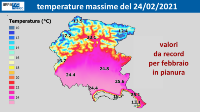 Mappa delle temperature massime registrate il 24 febbraio 2021 in Friuli Venezia Giulia
