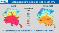 slide 1 – mappe temperature medie mensili di febbraio in FVG: confronto tra 2021 e trentennio 1991-2020