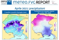 slide con banner del report meteo.fvg e mappe delle precipitazioni di aprile 2021 in FVG (cumulati mensili e variazione percentuale rispetto alla media 1991-2020)