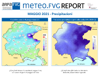 slide con banner del report meteo.fvg e mappe delle precipitazioni di maggio 2021 in FVG (cumulati mensili e variazione percentuale rispetto alla media 1991-2020)