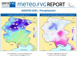 slide con banner del report meteo.fvg e mappe delle precipitazioni di agosto 2021 in FVG (cumulati mensili e variazione percentuale rispetto alla media 1991-2020)