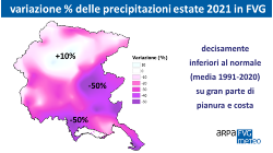 Slide con mappa delle variazione % delle precipitazioni dell’estate 2021 in FVG