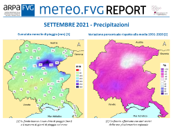 slide con banner del report meteo.fvg e mappe delle precipitazioni di settembre 2021 in FVG (cumulati mensili e variazione percentuale rispetto alla media 1991-2020)