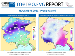 slide con banner del report meteo.fvg e mappe delle precipitazioni di novembre 2021 in FVG (cumulati mensili e variazione percentuale rispetto alla media 1991-2020)