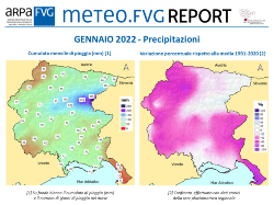 slide con banner del report meteo.fvg e mappe delle precipitazioni di novembre 2021 in FVG (cumulati mensili e variazione percentuale rispetto alla media 1991-2020)