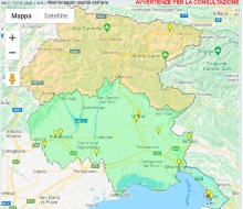 Mappa della Regione con le stazioni di qualità dell'aria. I segnalibri gialli indicano elevate polveri in aria